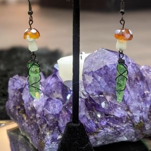 Fairy Mushroom Green Quartz Crystal Dangle Earrings, Nickel-Free